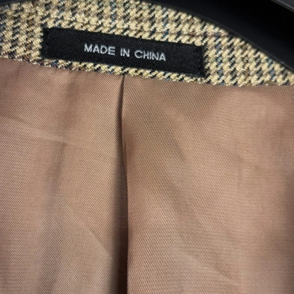 Chaps 100% Silk Blazer Men's 48L Tan Blue Brown Houndstooth Jacket Sport Coat